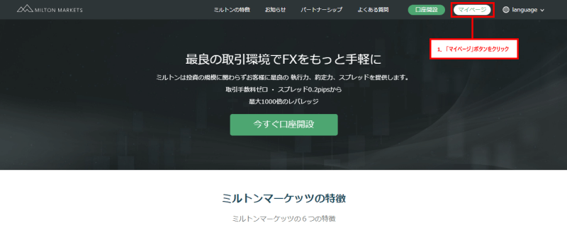 Milton Markets(ミルトンマーケッツ)の会員ログイン画面「1」
