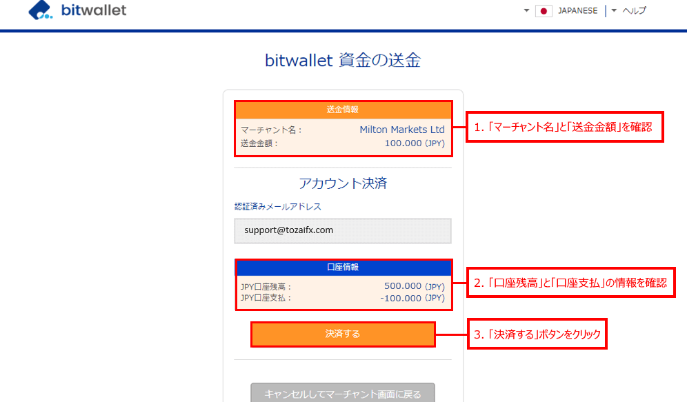 Milton Markets(ミルトンマーケッツ)のbitwallet (ビットウォレット)による入金方法「6」