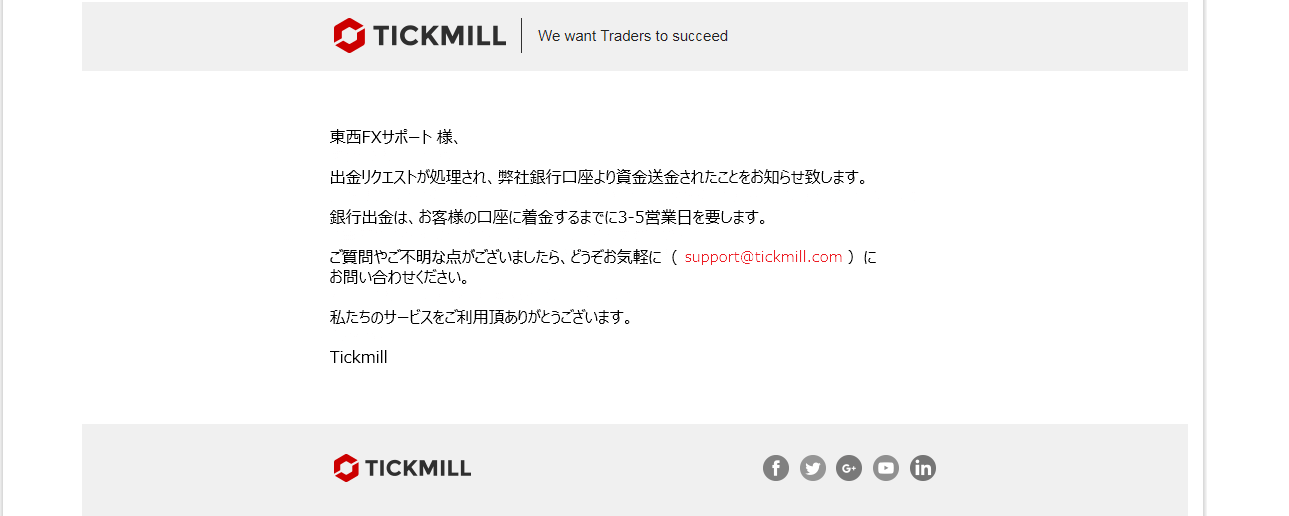 Tickmill｜銀行送金による出金方法｜出金処理完了の通知メール