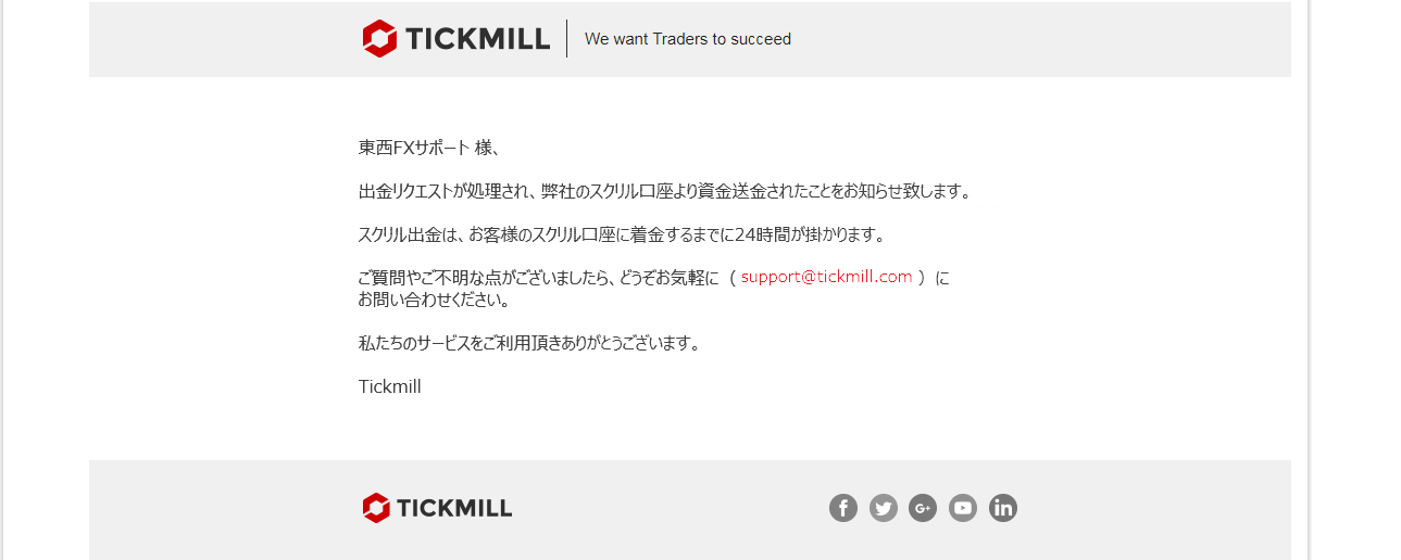 Tickmill｜スクリル(SKRILL)による出金方法｜出金処理完了の通知せメール