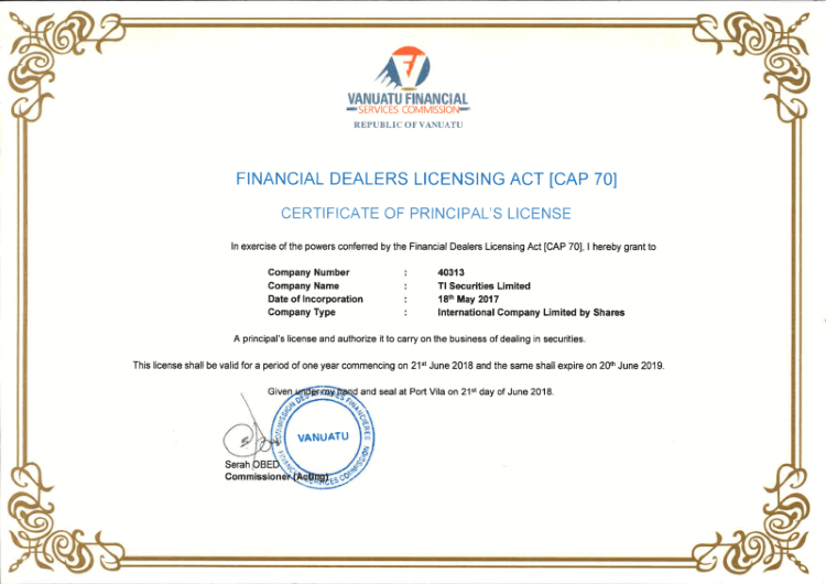 Titan FX Limitedにて、バヌアツ共和国金融庁（VFSC、Vanuatu Financial Services Commission）より金融商品および証券等取扱ライセンス（CAP.70）