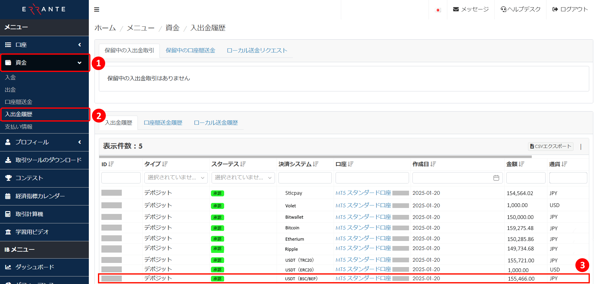 Errante（エランテ）のTether（テザー）「USDT（BSC/BEP20）」による入金手続き｜入出金履歴の画面