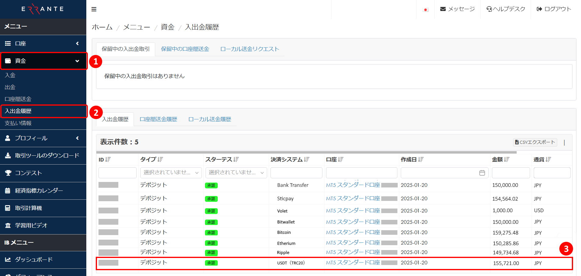 Errante（エランテ）でTether（テザー）による入金決済手続き完了を入金履歴で確認する方法｜入出金履歴の画面