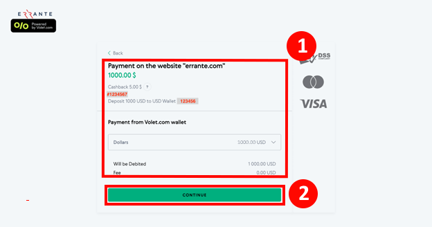 Errante（エランテ）でVolet（ヴォレット）による入金手続き｜Voletの決済情報画面