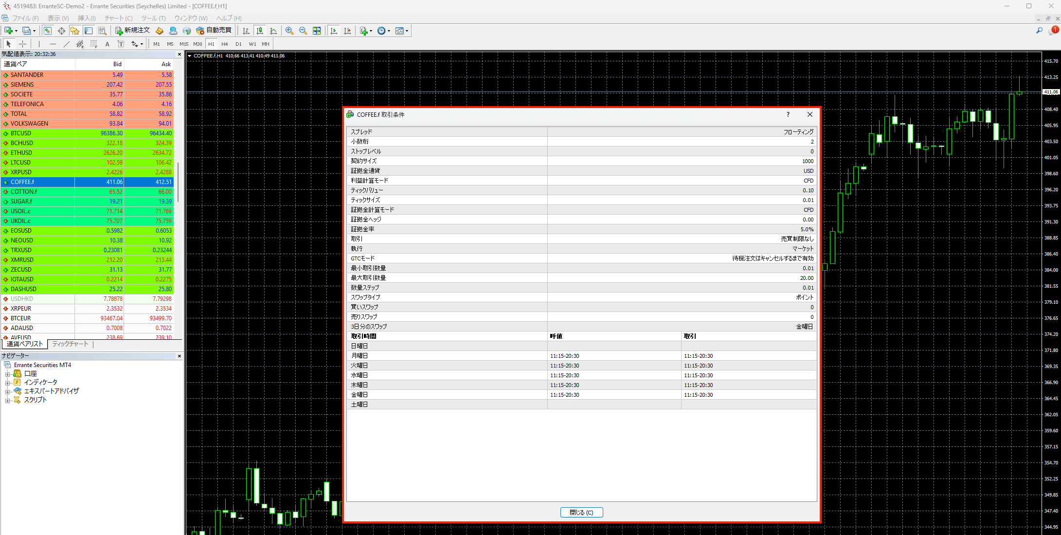 Errante（エランテ）のコモディティーCFDの取引条件や仕様｜選択したコモディティーCFD「コーヒーCOFFEE）」銘柄の仕様を表示する画像