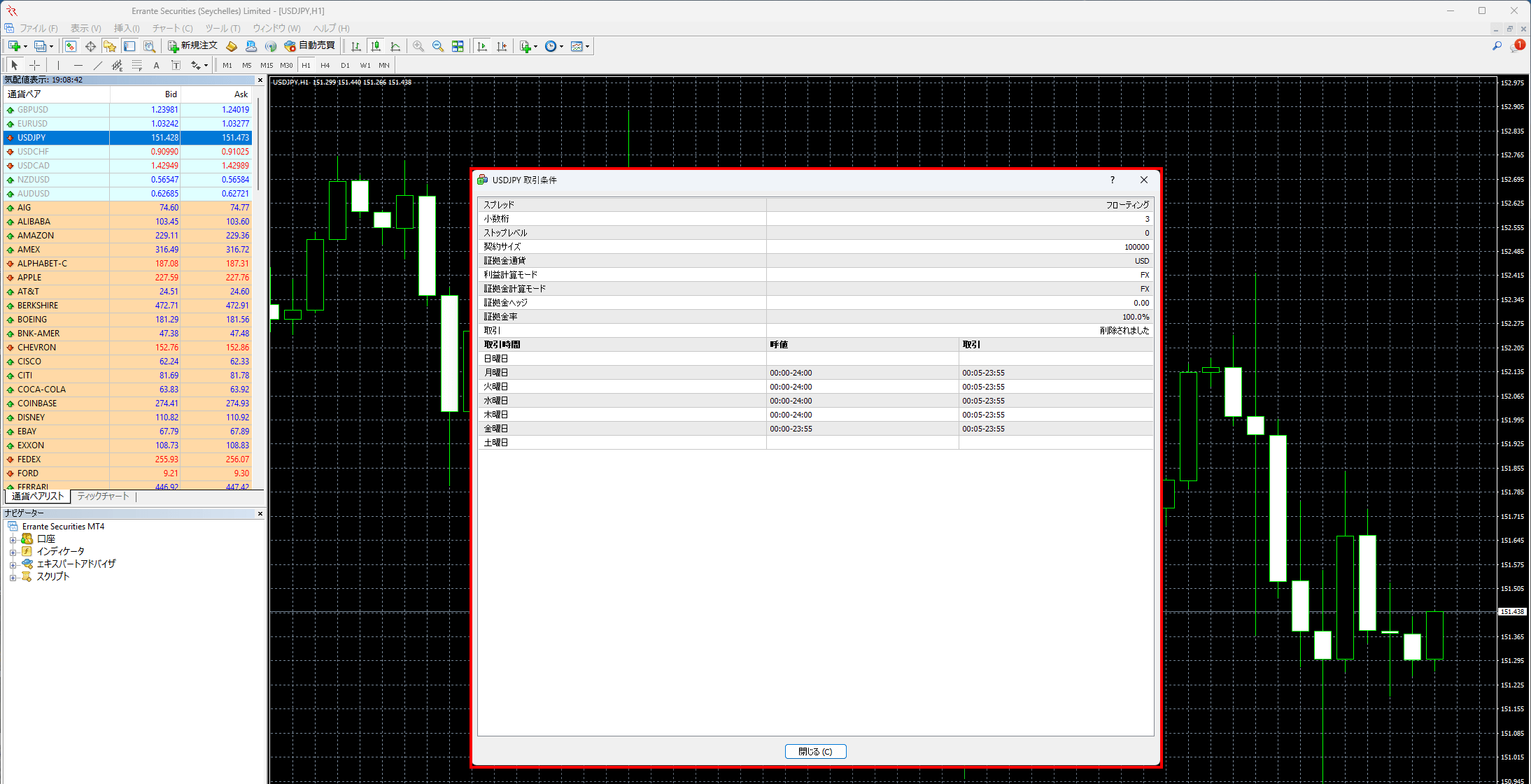 Errante（エランテ）のFX（外国為替）・通貨ペア」の取引条件や仕様｜選択した通貨ペア銘柄の仕様を表示する画像