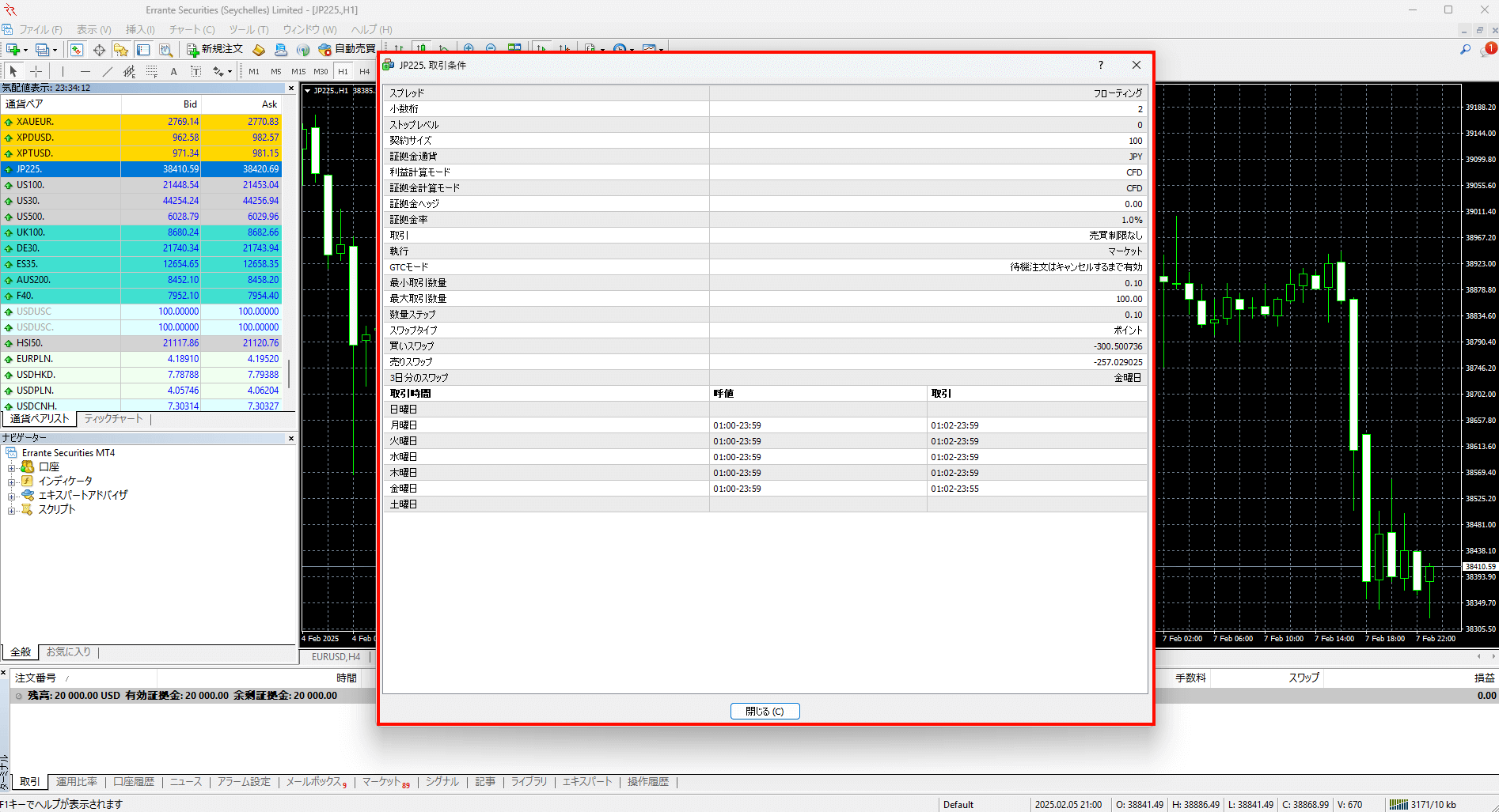 Errante（エランテ）のインデックス（指数）の取引条件や仕様｜選択したインデックス（指数）（日経225）の仕様を表示する画像