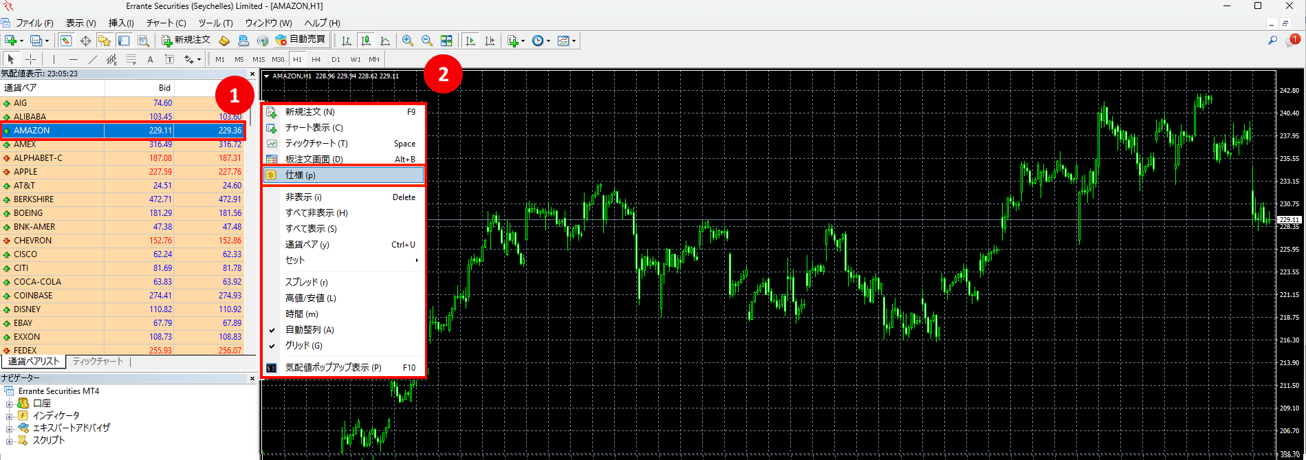 Errante（エランテ）の株式CFDの取引条件や仕様｜株式CFD銘柄（AMAZON）を右クリックから「仕様」ボタンを押す画像