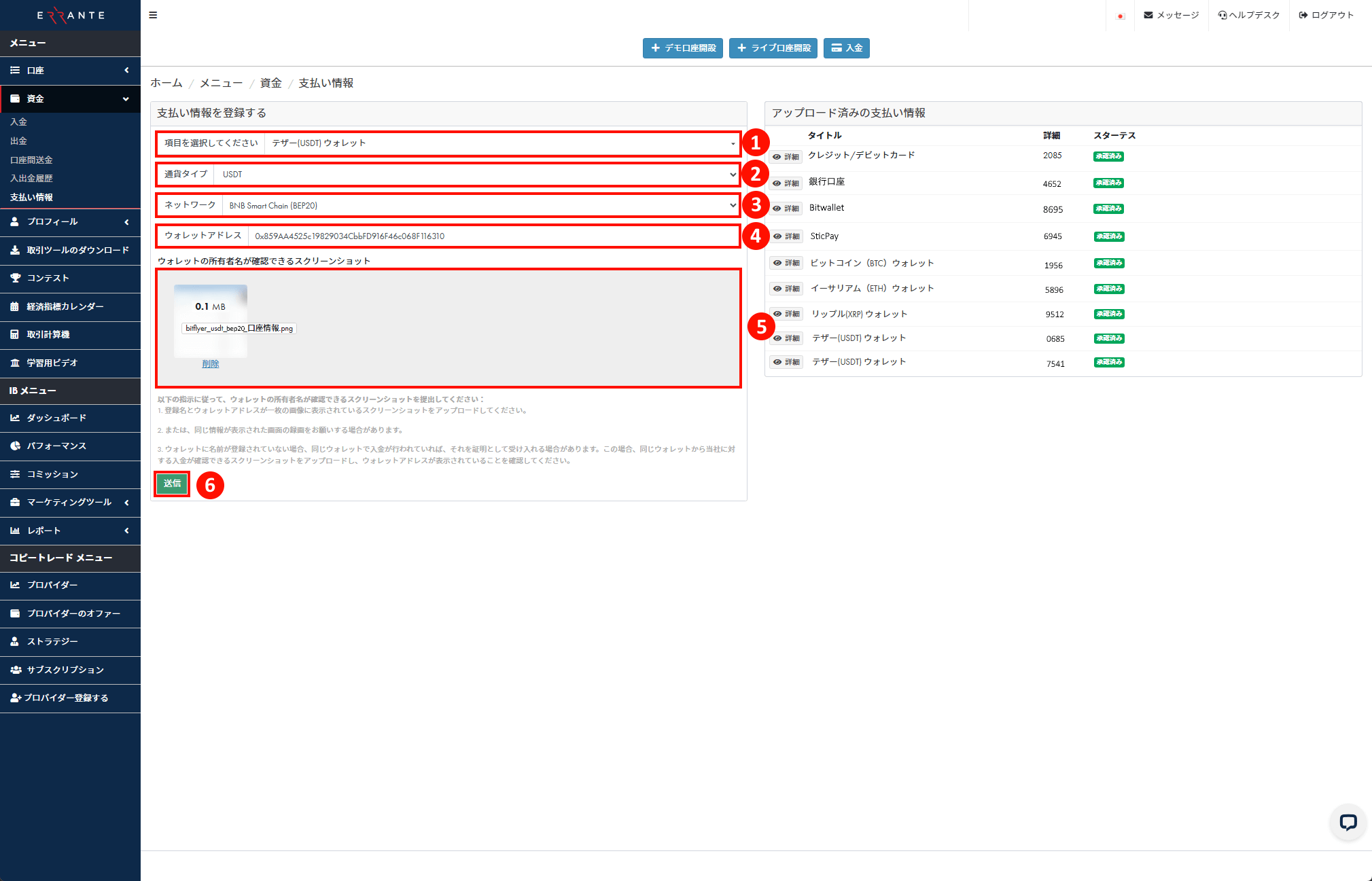 Errante（エランテ）のTether（テザー）「USDT – BSC/BEP20」による出金手続き｜USDT–BSC/BEP20 ウォレット情報を登録し、「電子ウォレットの所有者名が確認できるスクリーンショット」のアップロードを示す画像