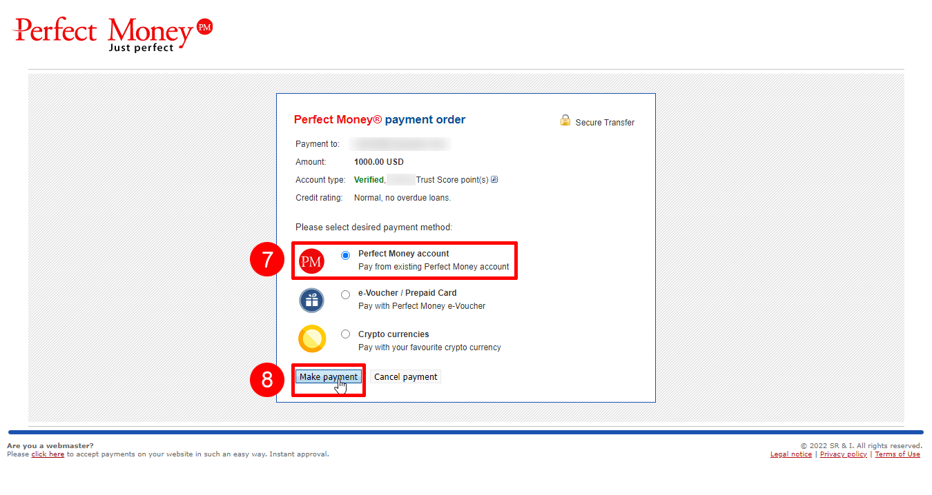 Exness（エクスネス）でPerfect Money（パーフェクトマネー）による入金方法｜支払う画面