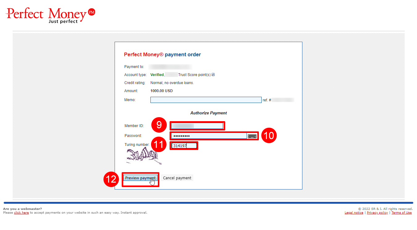 Exness（エクスネス）でPerfect Money（パーフェクトマネー）による入金方法｜「Preview（プレビュー）」をクリックする