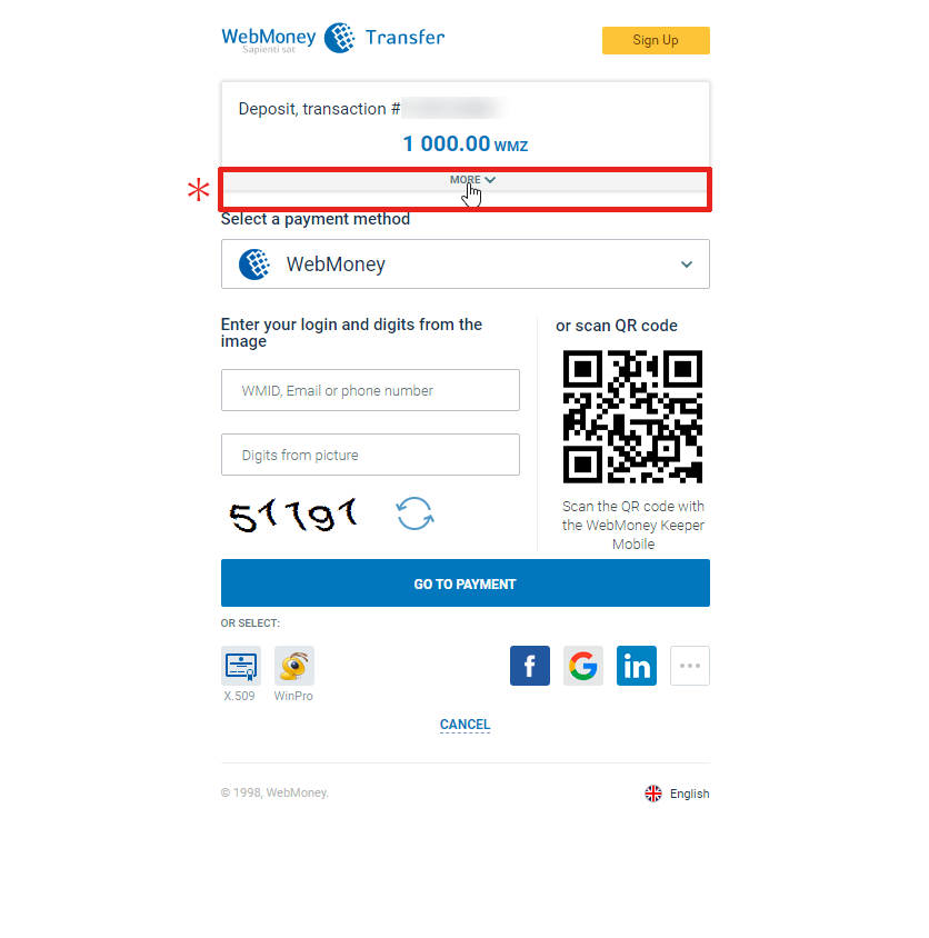 Exness（エクスネス）でWebMoney（ウェブマネー）による入金方法｜「more」をクリックする