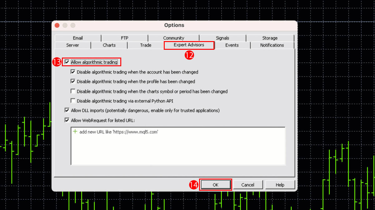Exness(エクスネス)のMetaTrader(メタトレーダー)のMT4・MT5でEA(エキスパートアドバイザー)を使用する方法|「Allow Algorithmic Trading(自動売買を許可する)」に、チェックマークを入れます