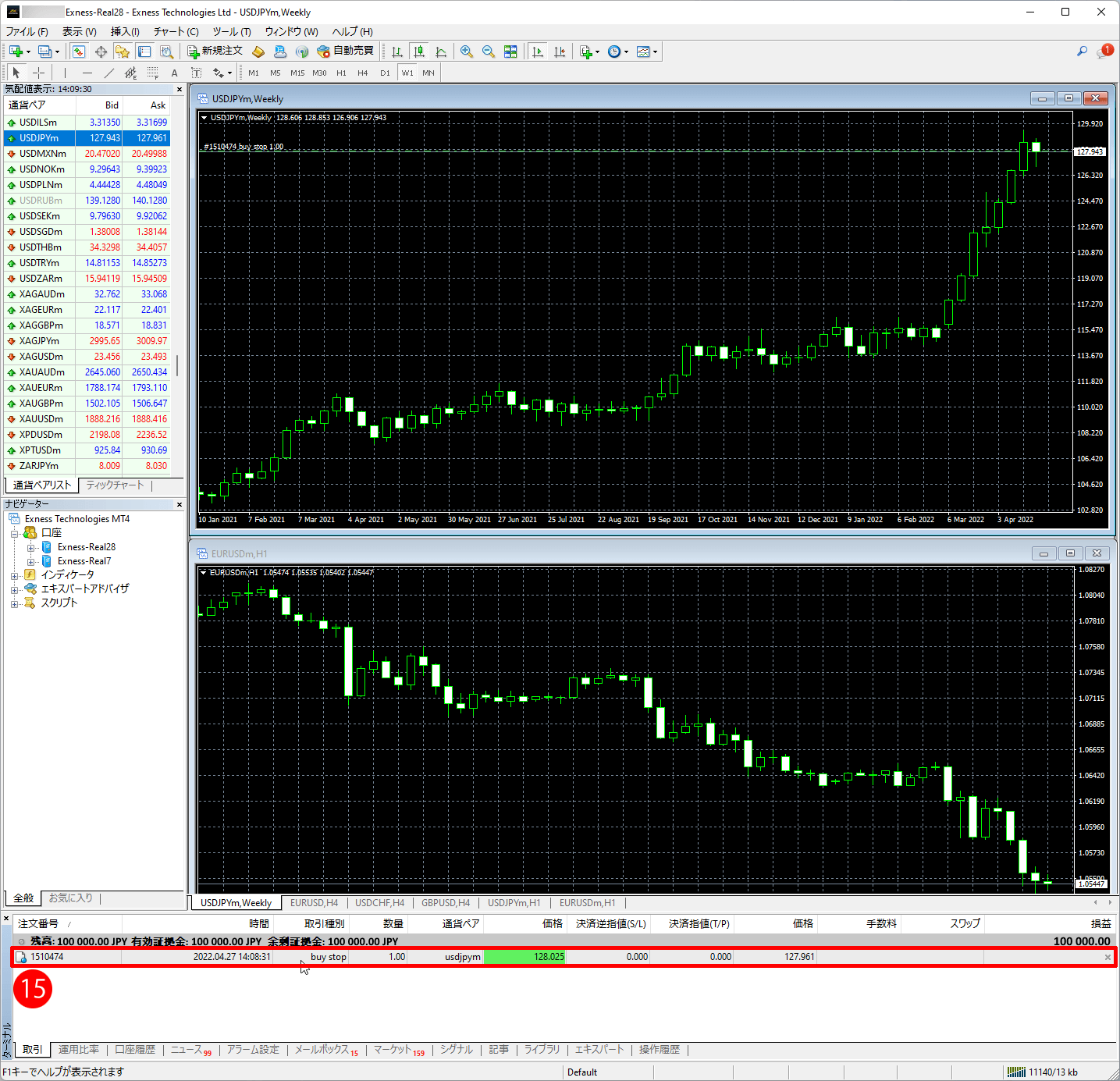 Exness（エクスネス）のMT4・MT5取引プラットフォーム｜注文済のオープンポジション
