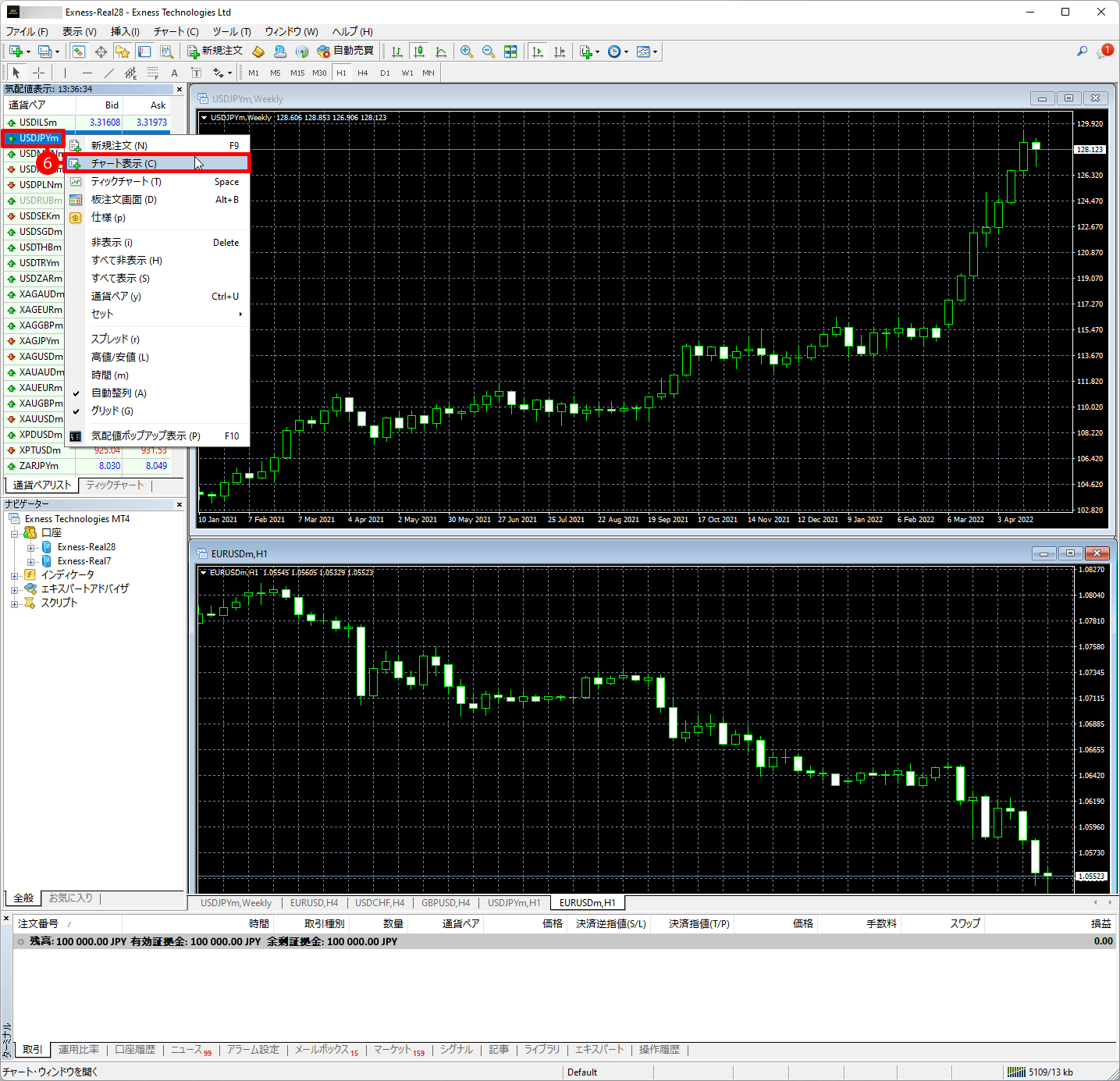Exness（エクスネス）のMT4・MT5取引プラットフォーム｜米ドル円の価格チャート(1)