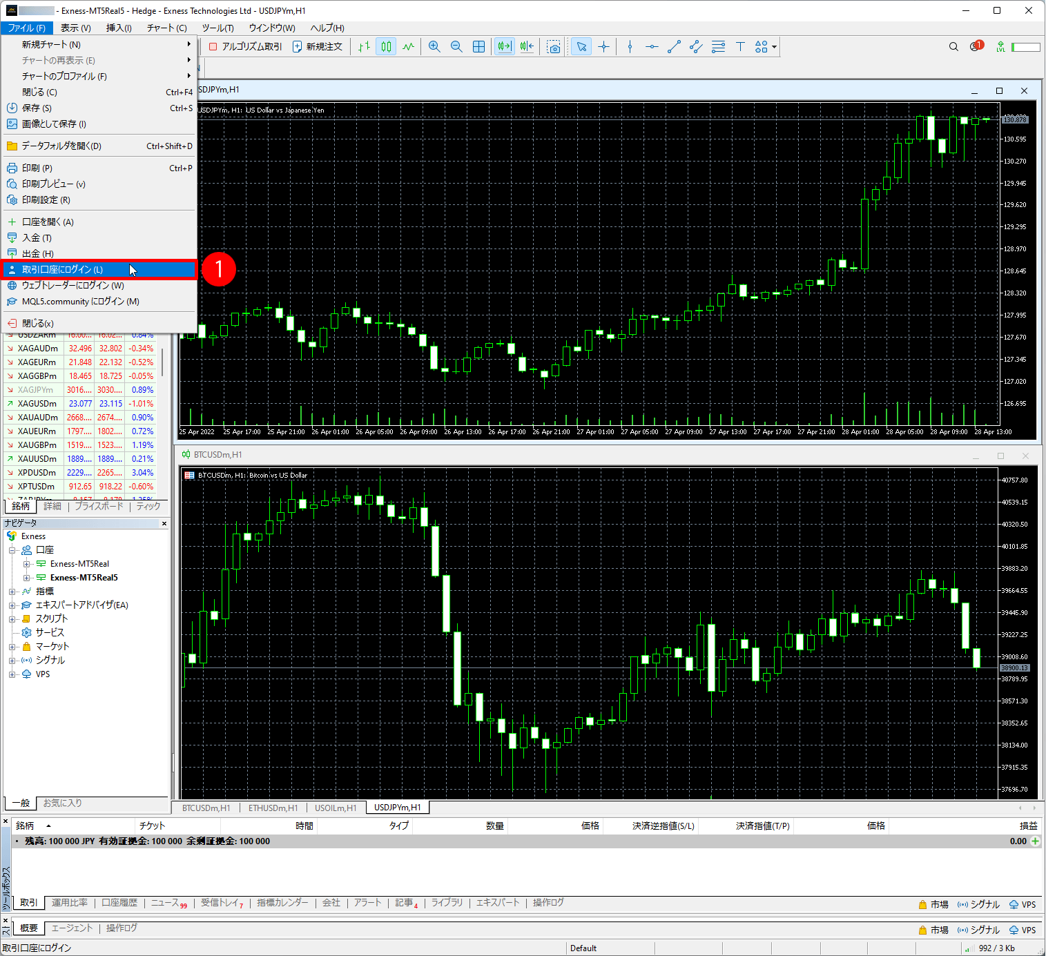 Exness（エクスネス）のMT5取引プラットフォーム｜取引口座にログイン（L）をクリックする