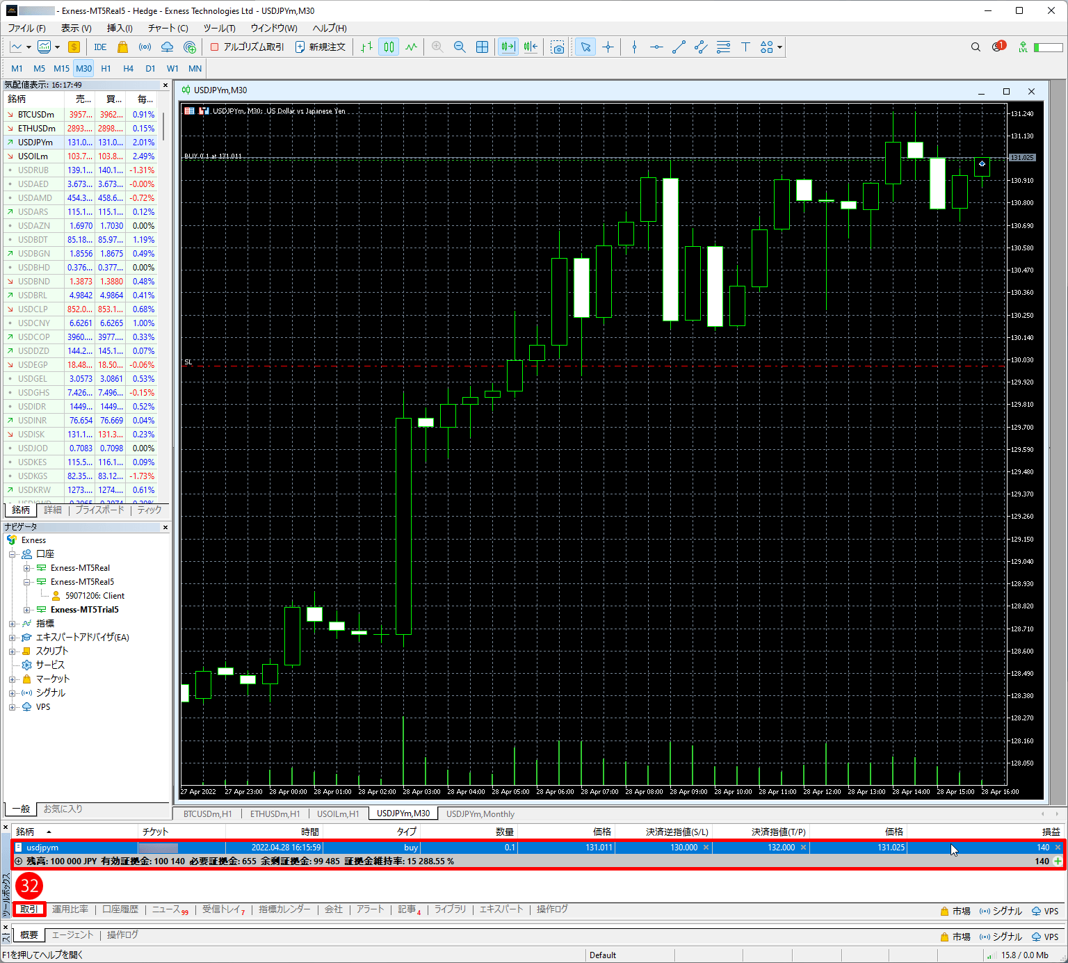 Exness（エクスネス）のMT5取引プラットフォーム｜オープンポジションが表示する