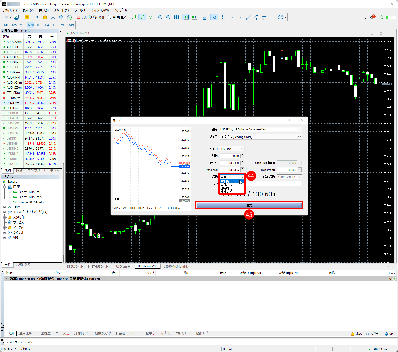 Exness（エクスネス）のMT5取引プラットフォーム｜「期限」を選択して「注文」ボタンをクリックする