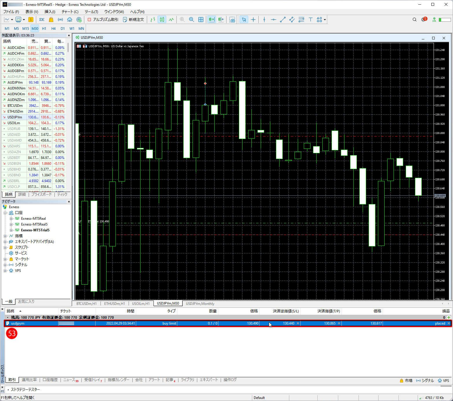 Exness（エクスネス）のMT5取引プラットフォーム｜「取引」タブに反映され