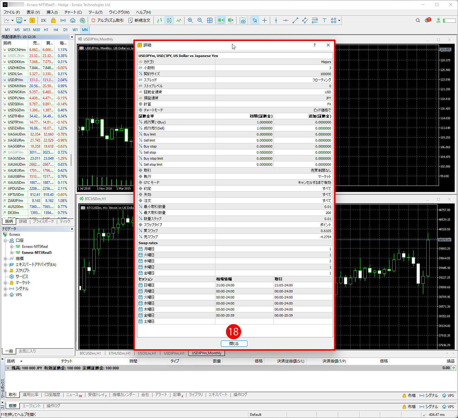 Exness（エクスネス）のMT5取引プラットフォーム｜「詳細」ウィンドウが開き
