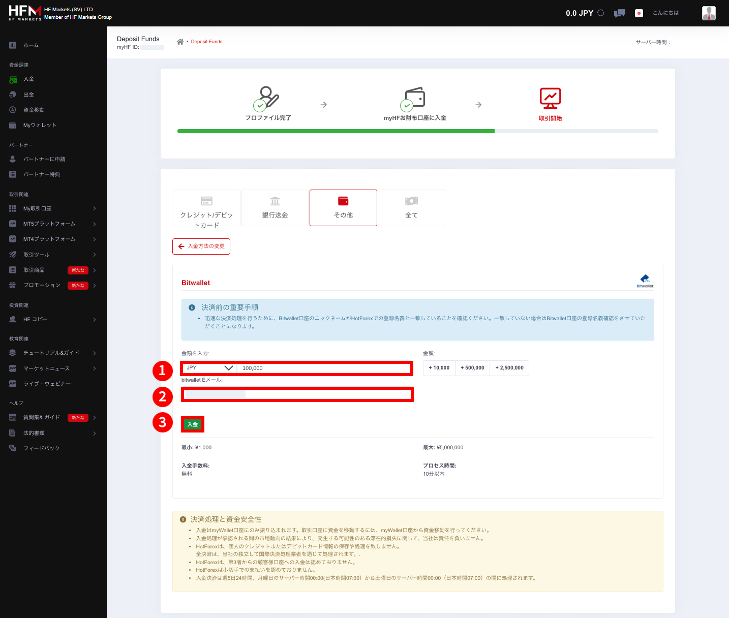 HFM(HFマーケッツ)のbitwallet(ビットウォレット)による入金手続き|「Bitwallet(ビットウォレット)」の入金画面