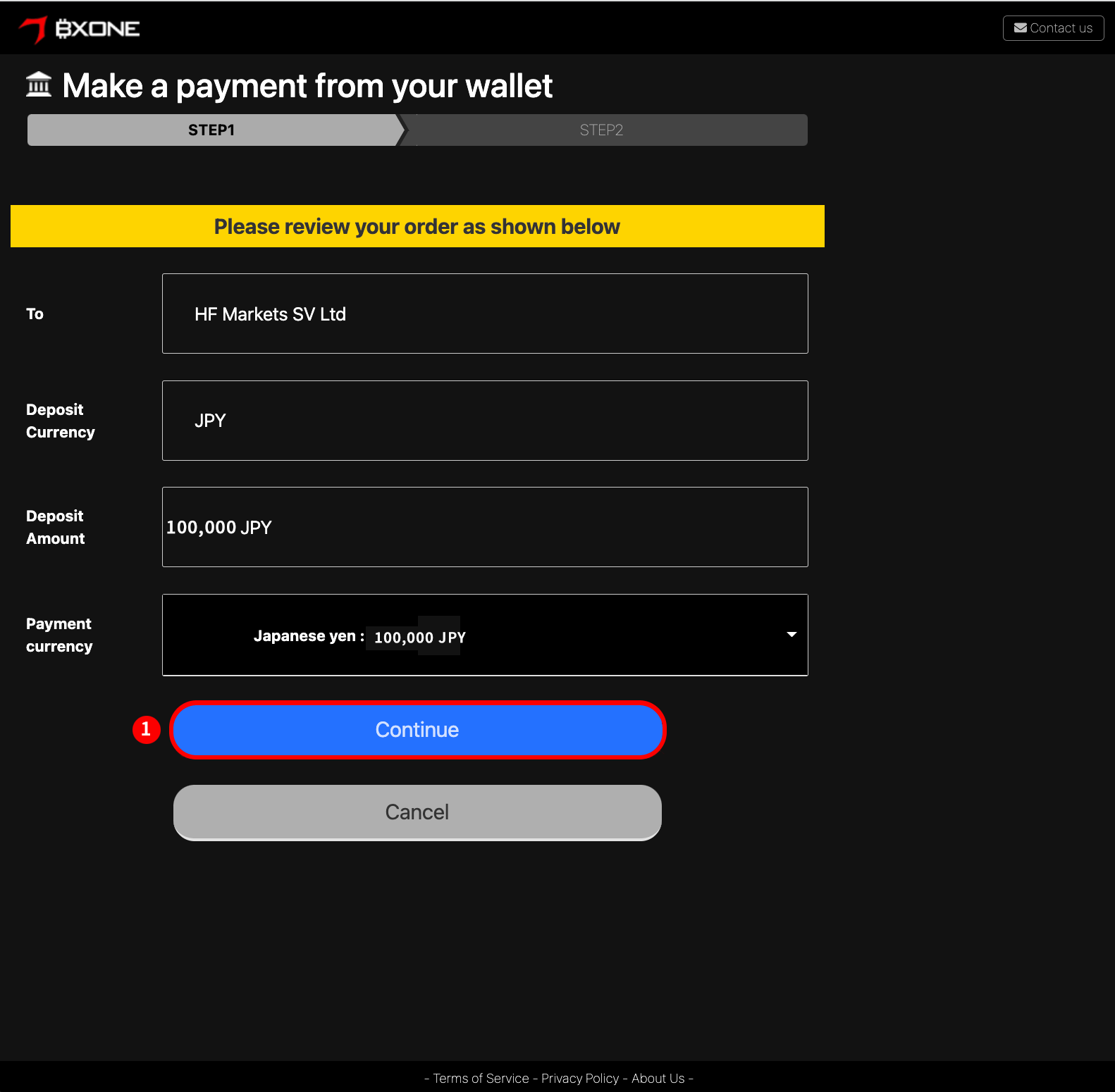 HFM(HFマーケッツ)のBXONE(ビーエックスワン)による入金方法|「Continue(続ける)」ボタンをクリック