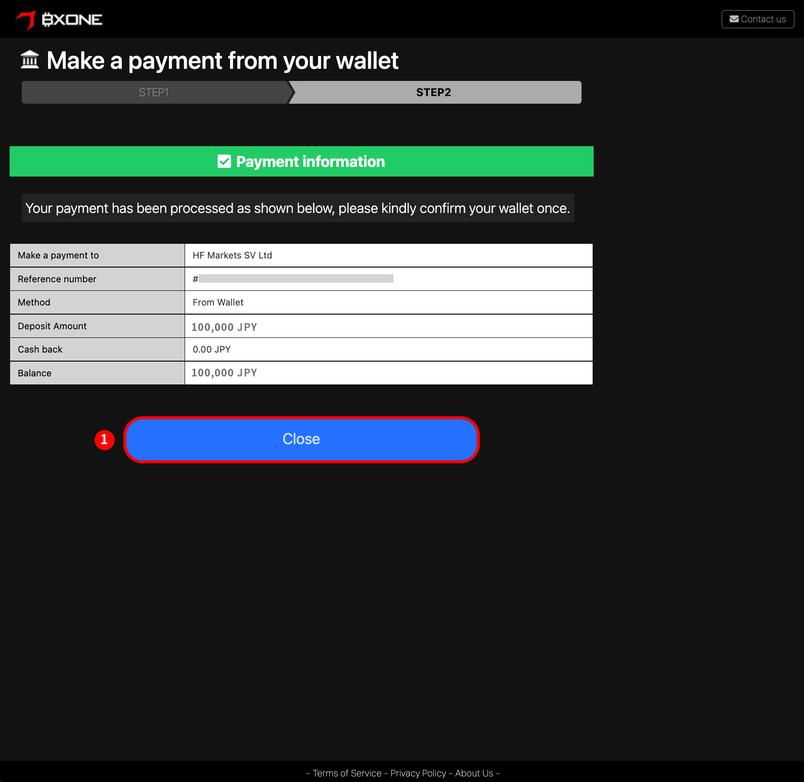HFM(HFマーケッツ)のBXONE(ビーエックスワン)による入金方法|「Continue(続ける)」ボタンをクリック