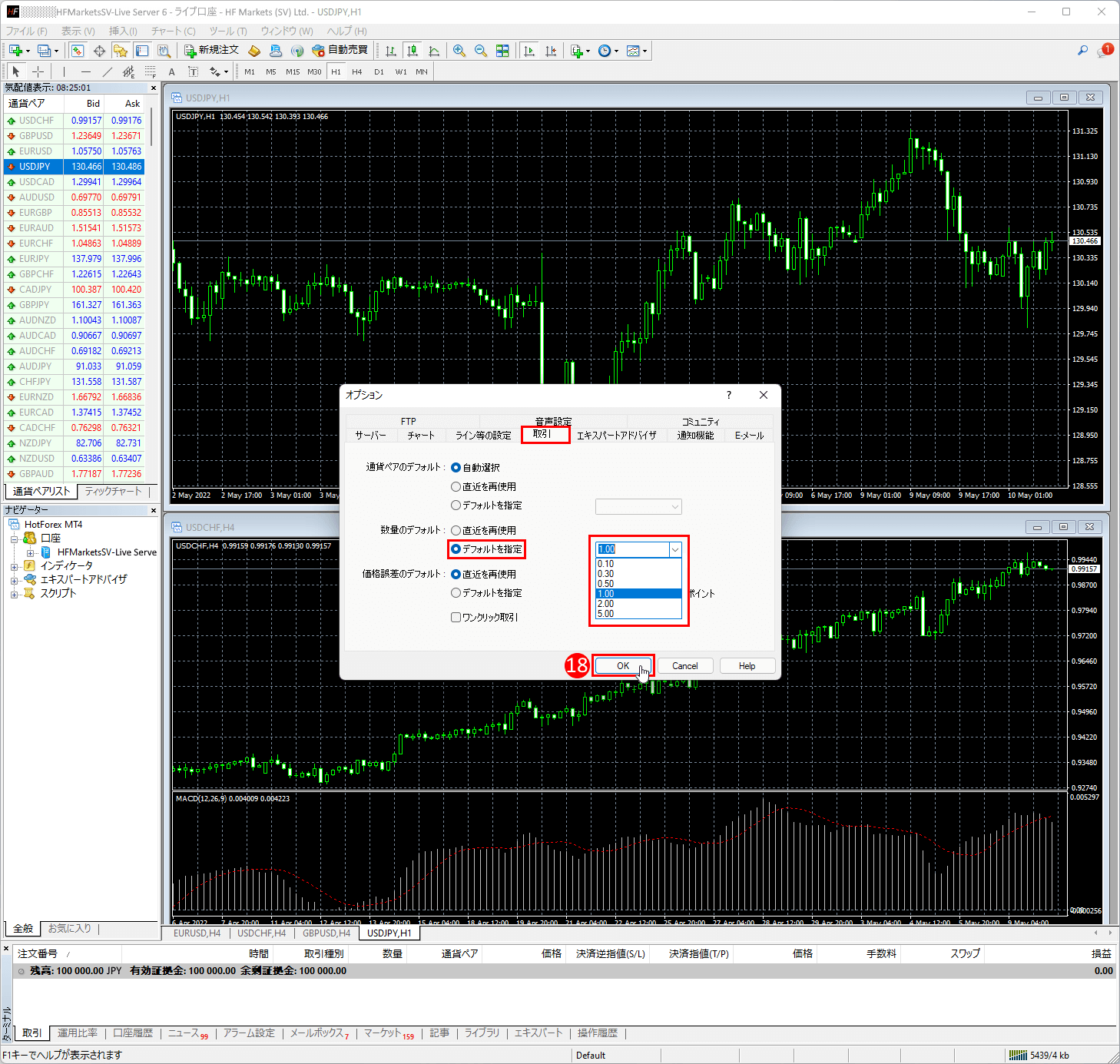 HFM (HFマーケッツ) のメタトレーダー4（MT4）のティックチャートを確認方法｜「デファルトを確定」オプション