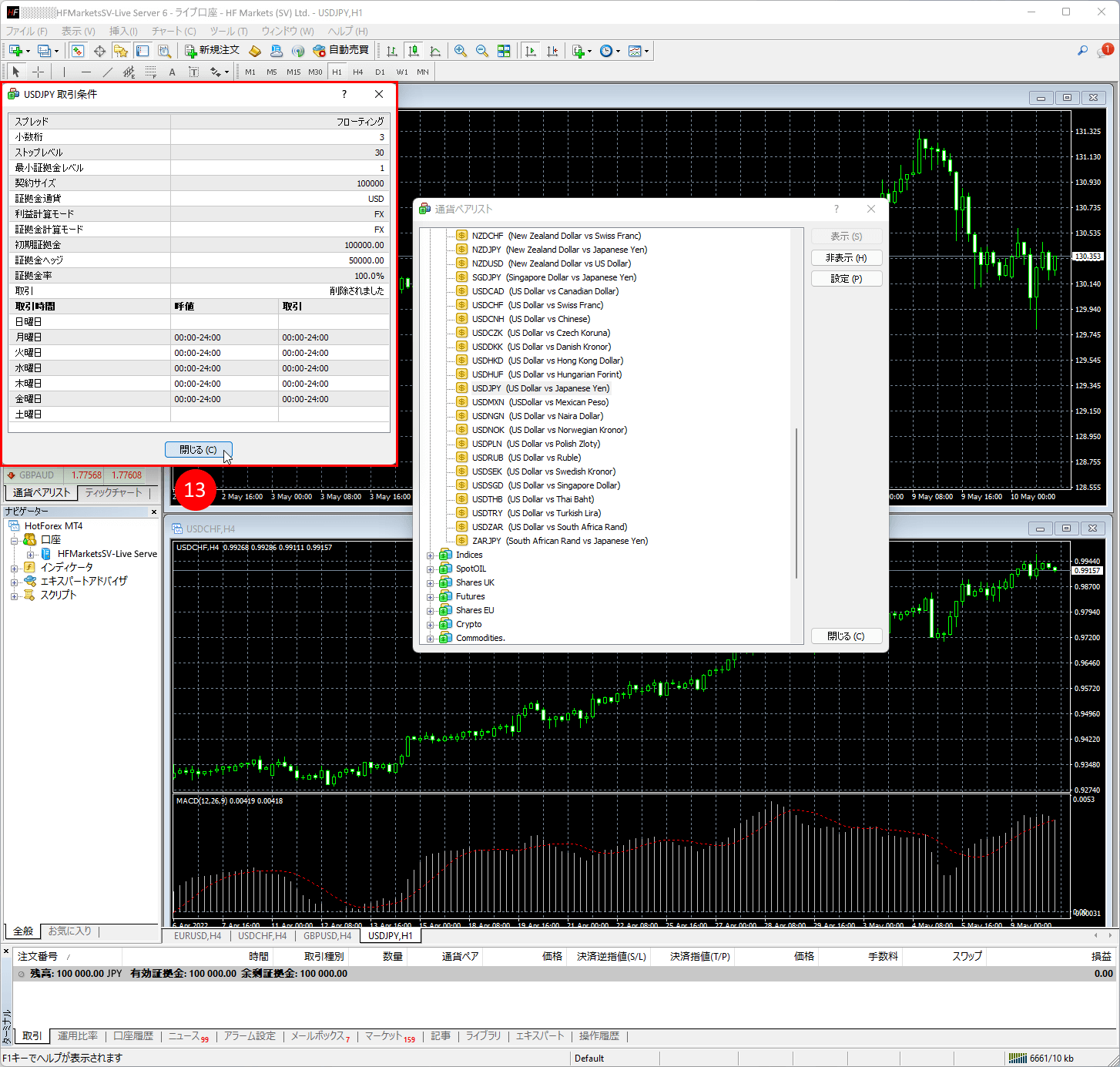 HFM (HFマーケッツ) のメタトレーダー4（MT4）に銘柄の取引条件・確定を確認方法｜金融商品などのMT4「取引条件」ウィンドウ