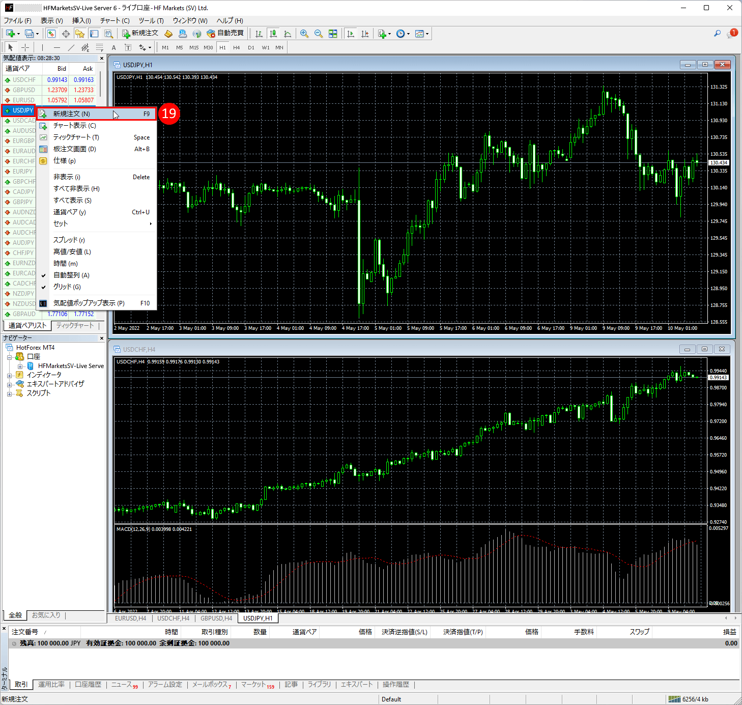HFM (HFマーケッツ) のメタトレーダー4（MT4）に新規成行注文を発注する方法