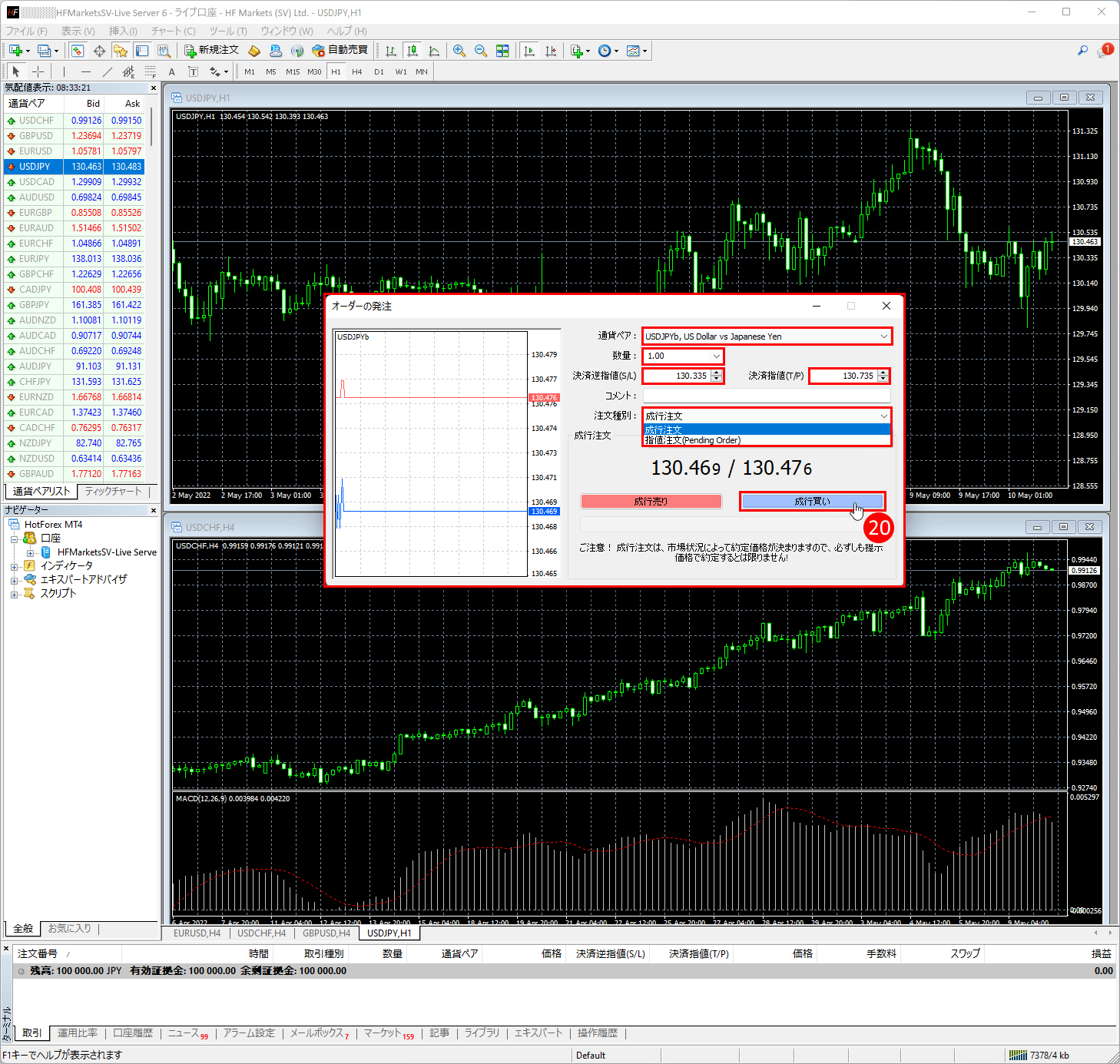 HFM (HFマーケッツ) のメタトレーダー4（MT4）のティックチャートを確認方法｜「オーダーの発注」ウィンドウオプション