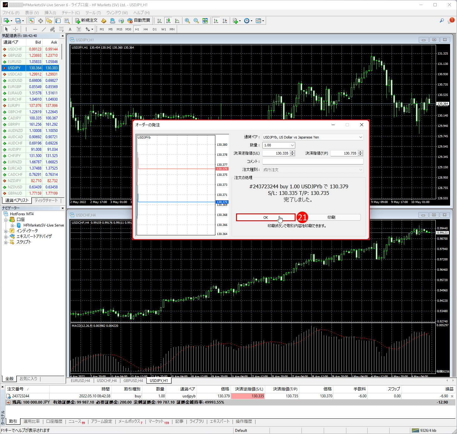 HFM (HFマーケッツ) のメタトレーダー4（MT4）のティックチャートを確認方法｜「OK」（はい、了解）ボタンを押してウィンドウを閉じる
