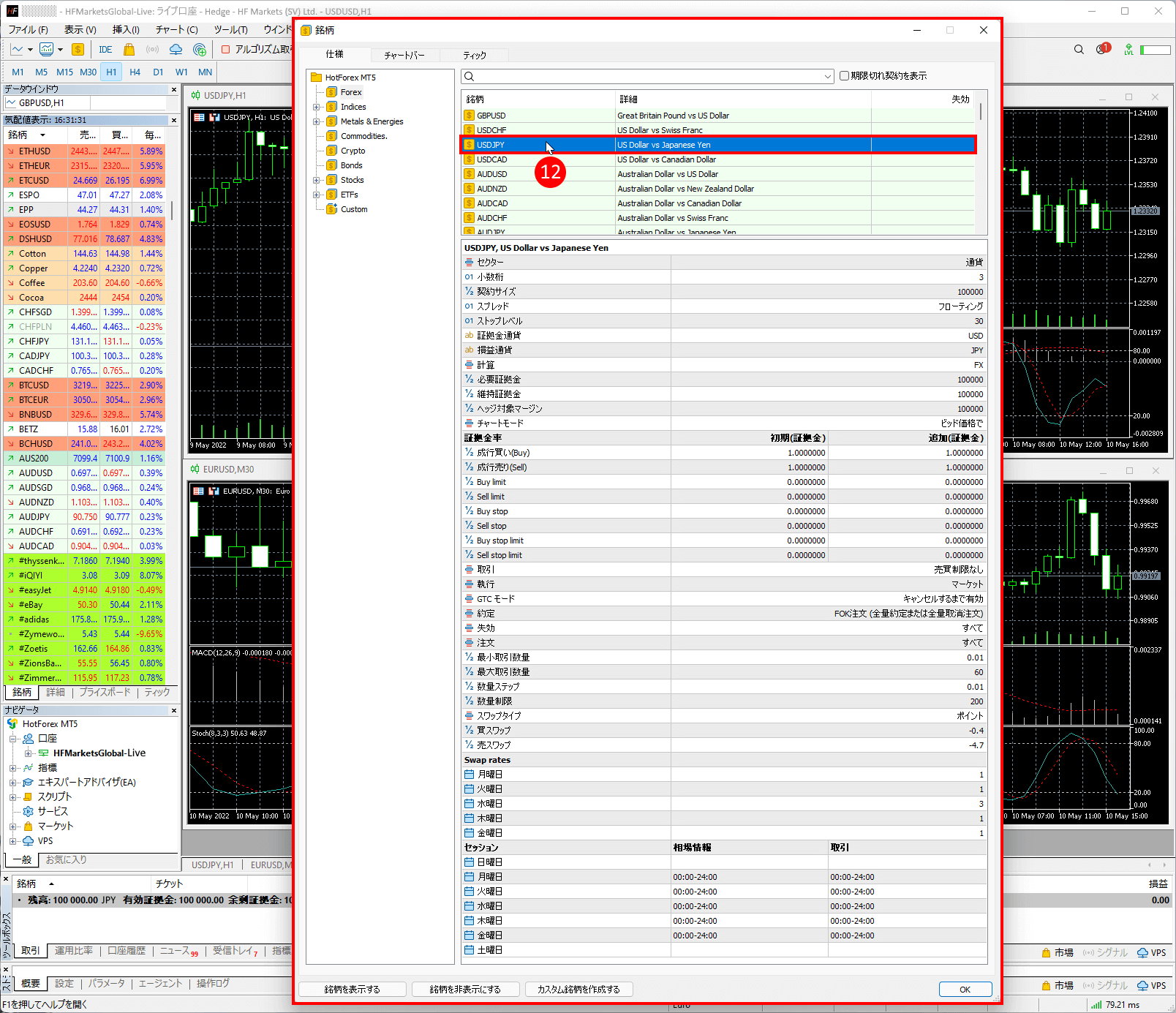 HFM (HFマーケッツ) のメタトレーダー5(MT5)に全銘柄を表示する方法|金融商品をクリックする