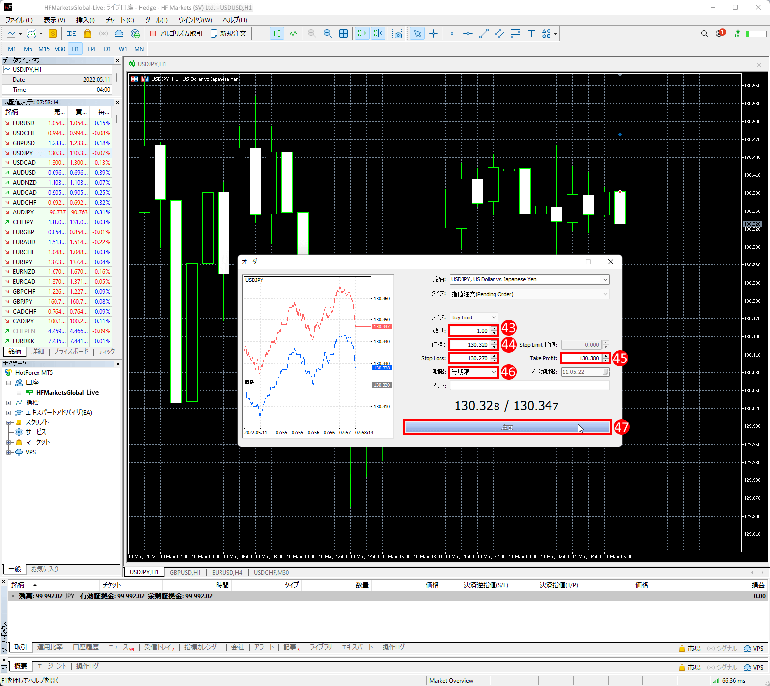 HFM (HFマーケッツ) のメタトレーダー4(MT4)に新規の指値注文・逆指値注文を発注する方法|ご希望の「数量」を設定する