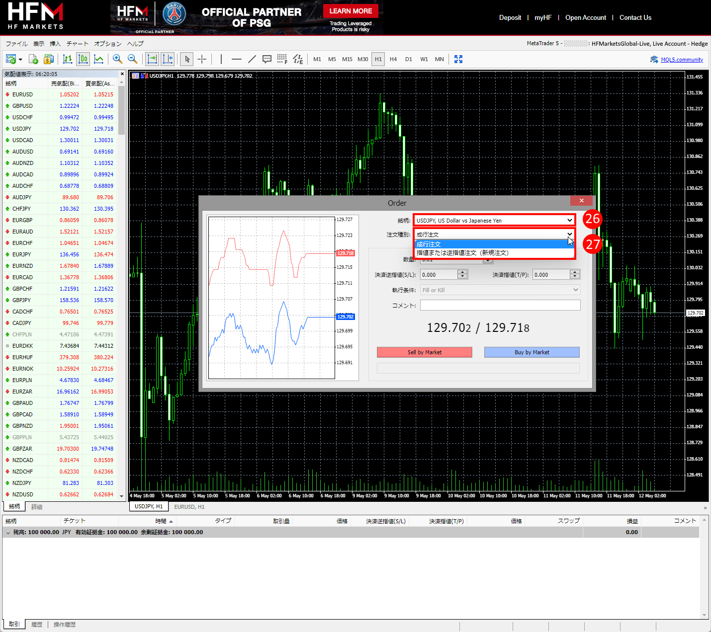 HFM (HFマーケッツ) ウェブターミナルの「Order」ウィンドウ