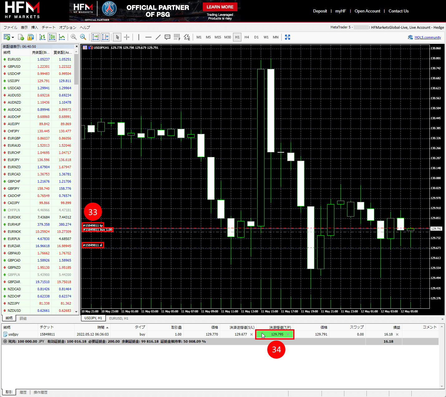HFM (HFマーケッツ) ウェブターミナルの「指定価格」を表す