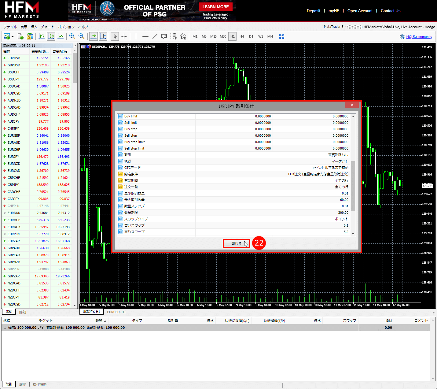 HFM (HFマーケッツ) 取引条件ウィンドウが開き