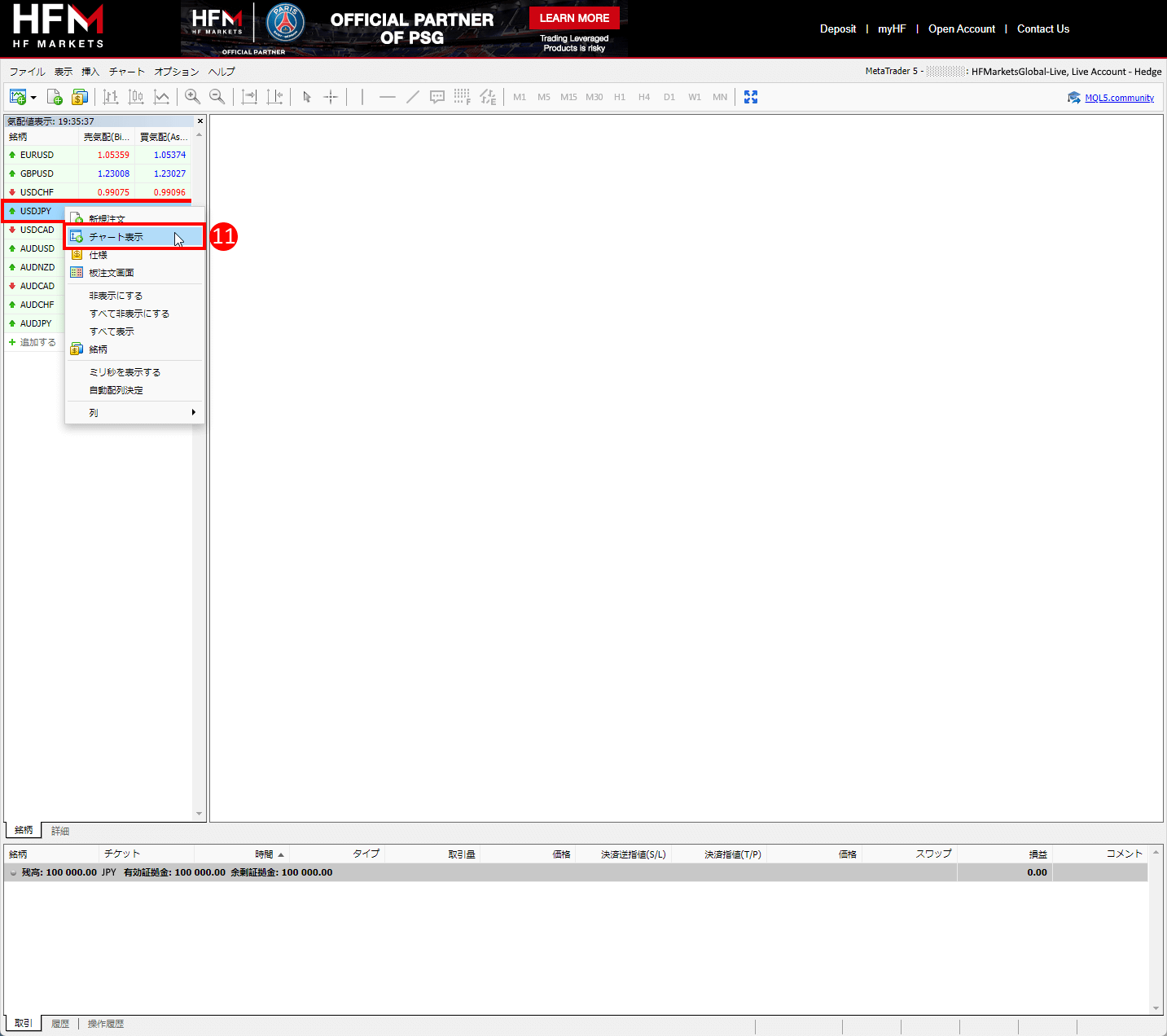 HFM（HotForex・ホットフォレックス）のウェブターミナルでチャートウィンドウを開く方法