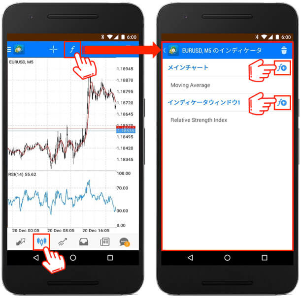 XMのAndroidスマホ対応アプリにおいて80種類のテクニカル指標を簡単に追加できます