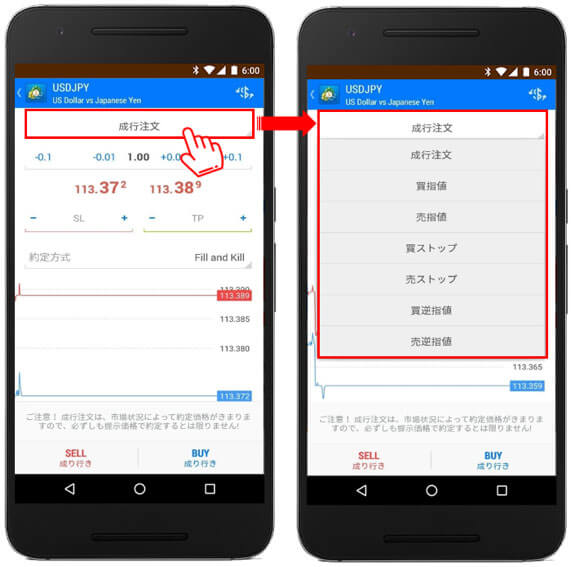 XMのAndroidスマホ対応アプリにおいて12種類の豊富な注文方法から選べられます