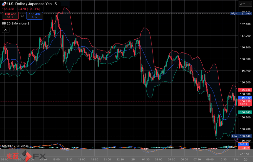 今日2025年11月25日火曜日の日本の東京外国為替市場の今朝9時頃から今夜17時頃までの対ドル円相場の為替レートの値動きは、円の安値でドルの高値の156円98銭付近から、円の高値でドルの安値の156円53銭付近の値幅約45銭で、本日17時の東京外国為替市場の対ドル円相場の終値は156円69銭付近と、...