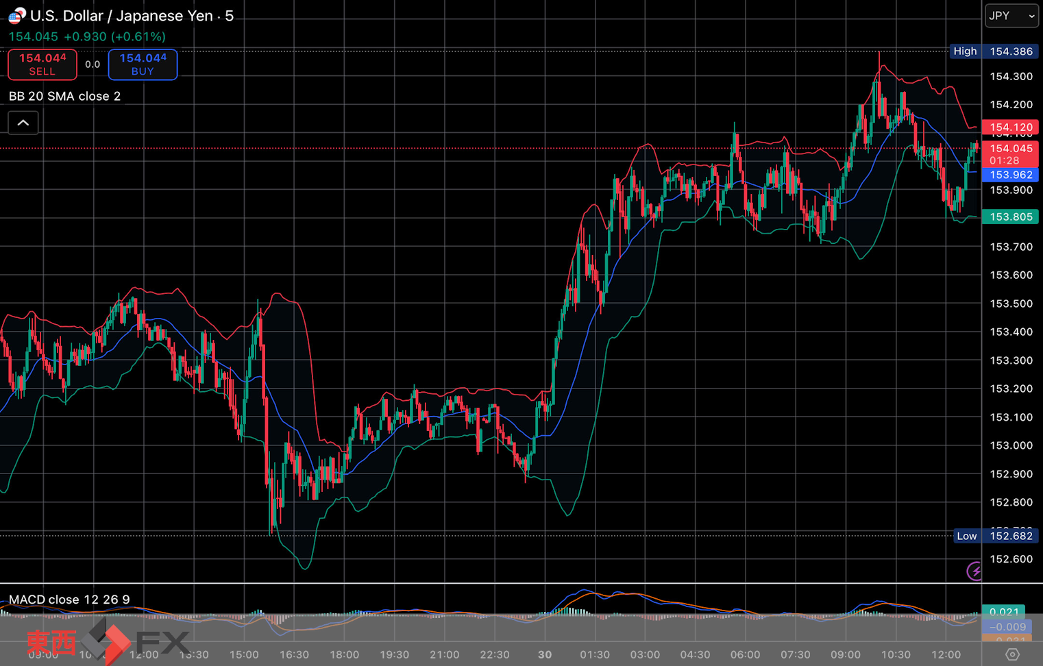 今日2026年1月30日金曜日の日本の東京外国為替市場の今朝9時頃から今夜17時頃までの対ドル円相場の為替レートの値動きは、円の高値でドルの安値の153円8銭付近から、円の安値でドルの高値の154円14銭付近の値幅約1円6銭で、今夜17時の今日の東京外国為替市場の対ドル円相場の終値は153円78銭付近と、...