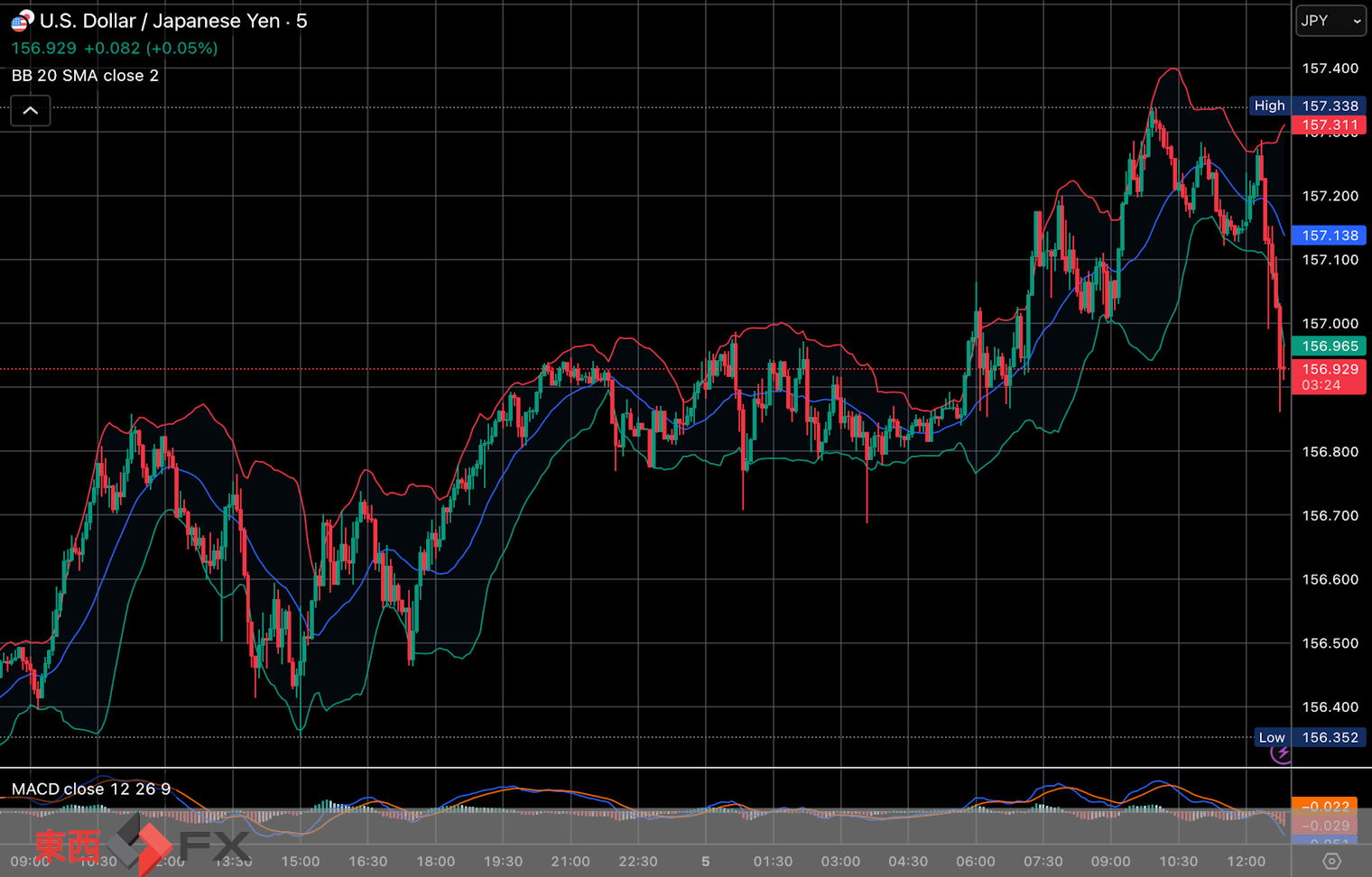今日2026年2月5日木曜日の日本の東京外国為替市場の今朝9時頃から今夜17時頃までの対ドル円相場の為替レートの値動きは、円の高値でドルの安値の156円69銭付近から、円の安値でドルの高値の157円20銭付近の値幅約51銭で、今夜17時の今日の東京外国為替市場の対ドル円相場の終値は157円13銭付近と、...