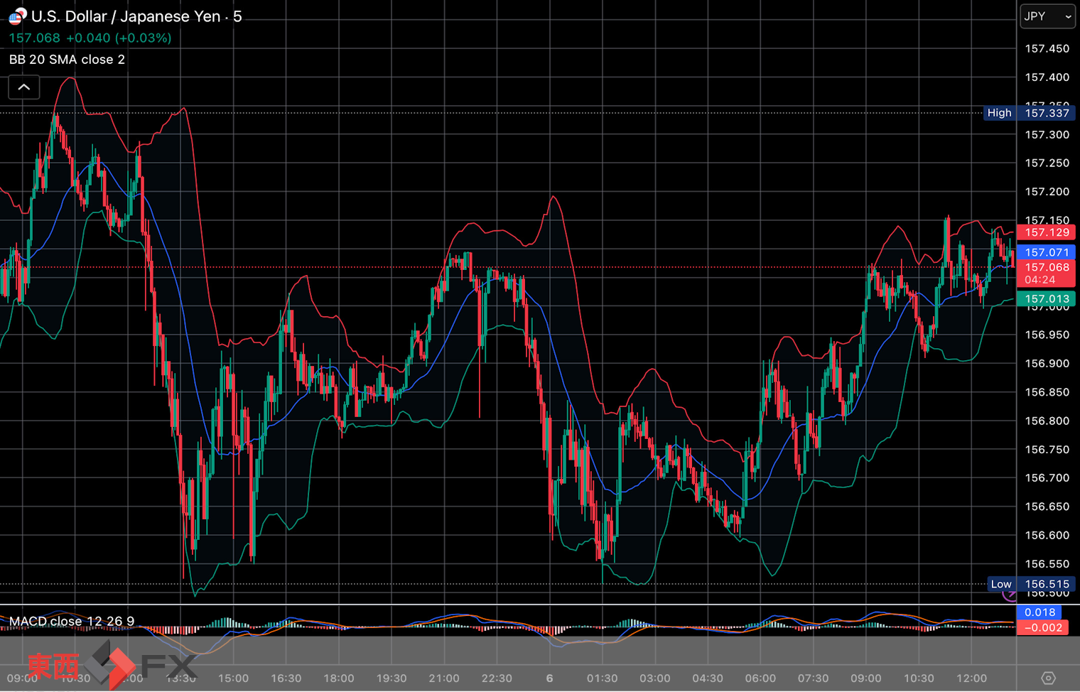 今日2026年2月6日金曜日の日本の東京外国為替市場の今朝9時頃から今夜17時頃までの対ドル円相場の為替レートの値動きは、円の高値でドルの安値の156円52銭付近から、円の安値でドルの高値の156円91銭付近の値幅約39銭で、今夜17時の今日の東京外国為替市場の対ドル円相場の終値は156円87銭付近と、...
